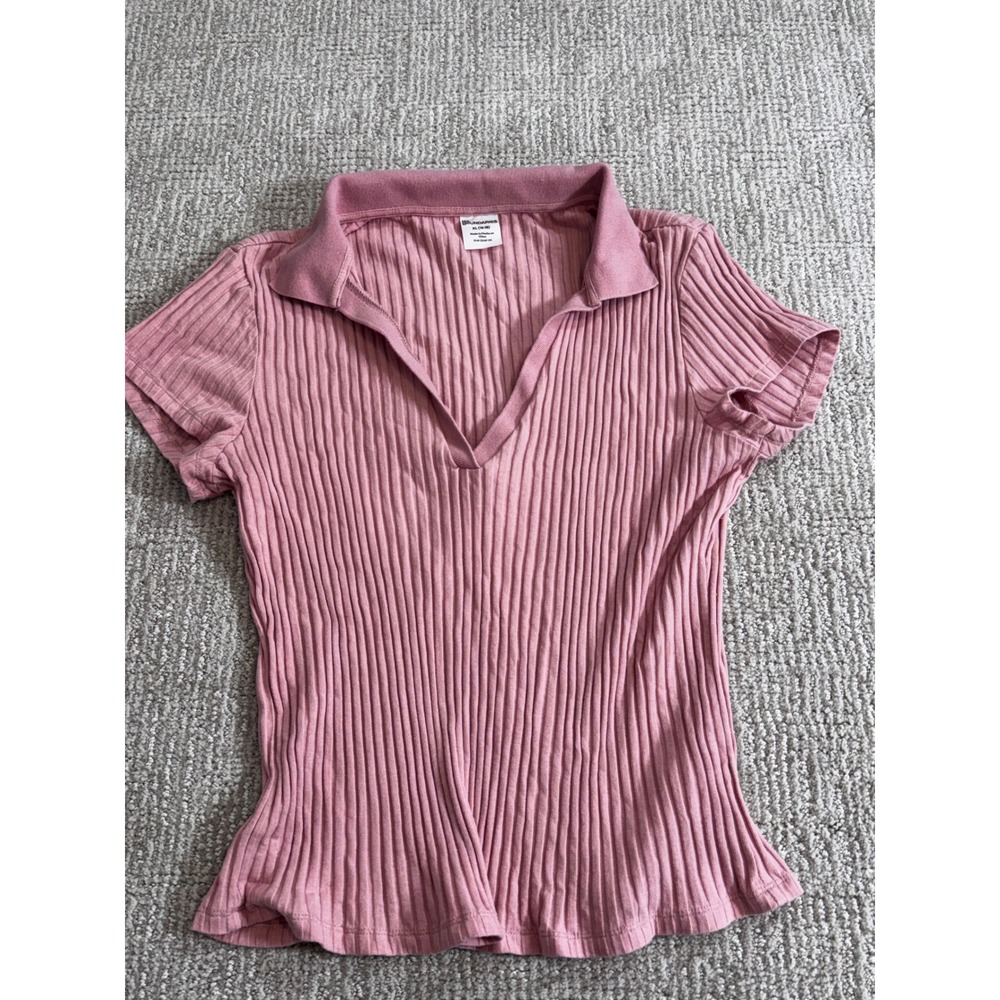No Boundaries Womens XL Pink Ribbed Knit Short Sleeve V-Neck Polo Shirt